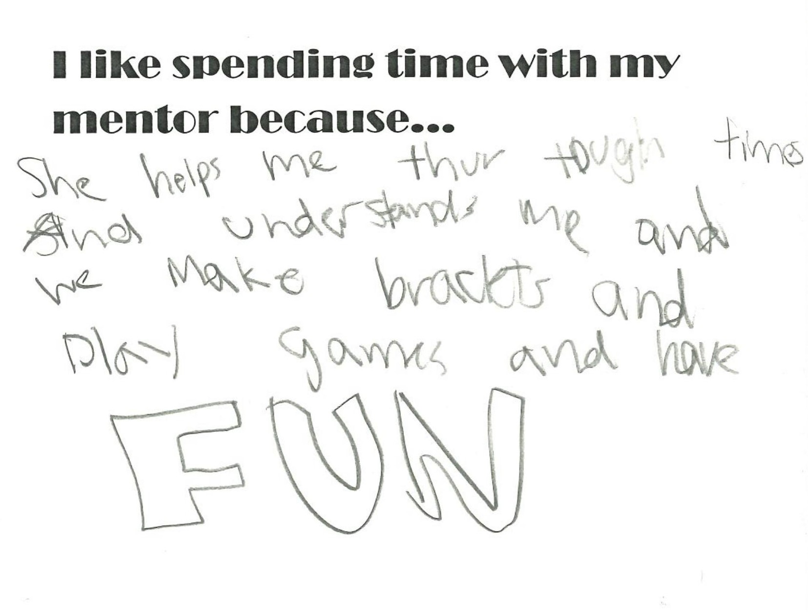 Art essay with text that reads "I like spending time with my mentor because... She helps me thur tough times and understands me and we make braclets and play games and have fun."
