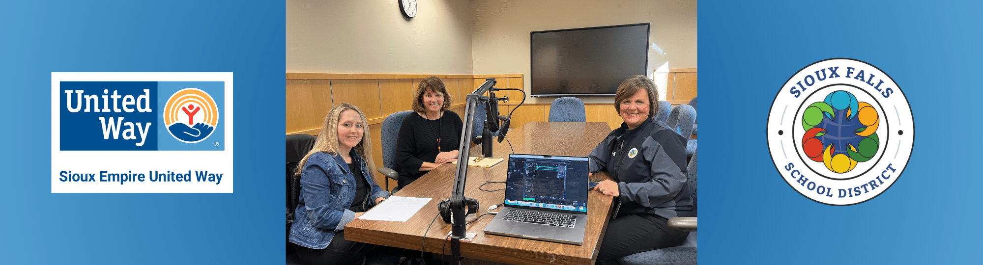 Collage of the Sioux Empire United Way logo, the Sioux Falls School District Logo, and an image of Christina Riss, Patti Lake-Torbert, and Dr. Jane Stavem recording a podcast